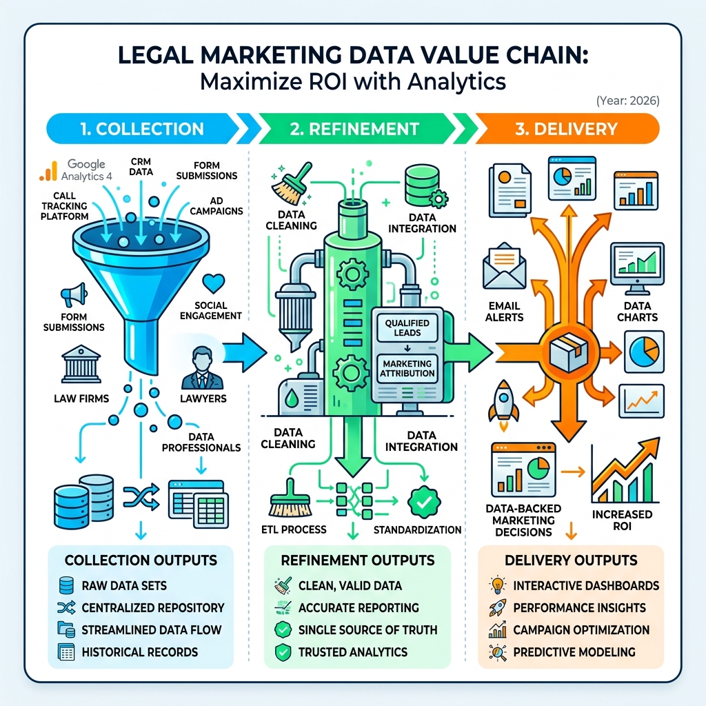 Infographic showing the legal marketing data value chain: Collection, Refinement, and Delivery with key outputs at each Infographic showing the legal marketing data value chain: Collection, Refinement, and Delivery with key outputs at each