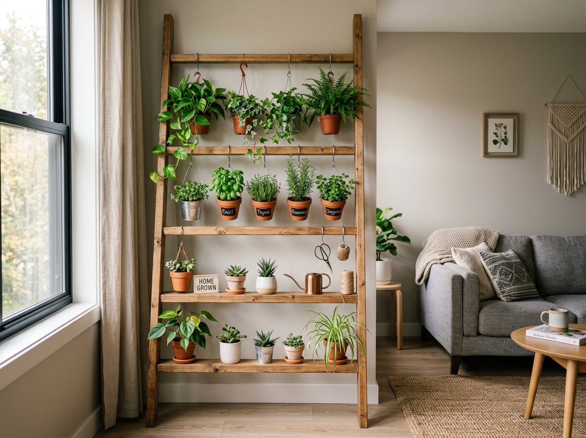 Renter-friendly vertical garden setup using a ladder shelf and hanging pots - diy indoor vertical garden wall Renter-friendly vertical garden setup using a ladder shelf and hanging pots - diy indoor vertical garden wall