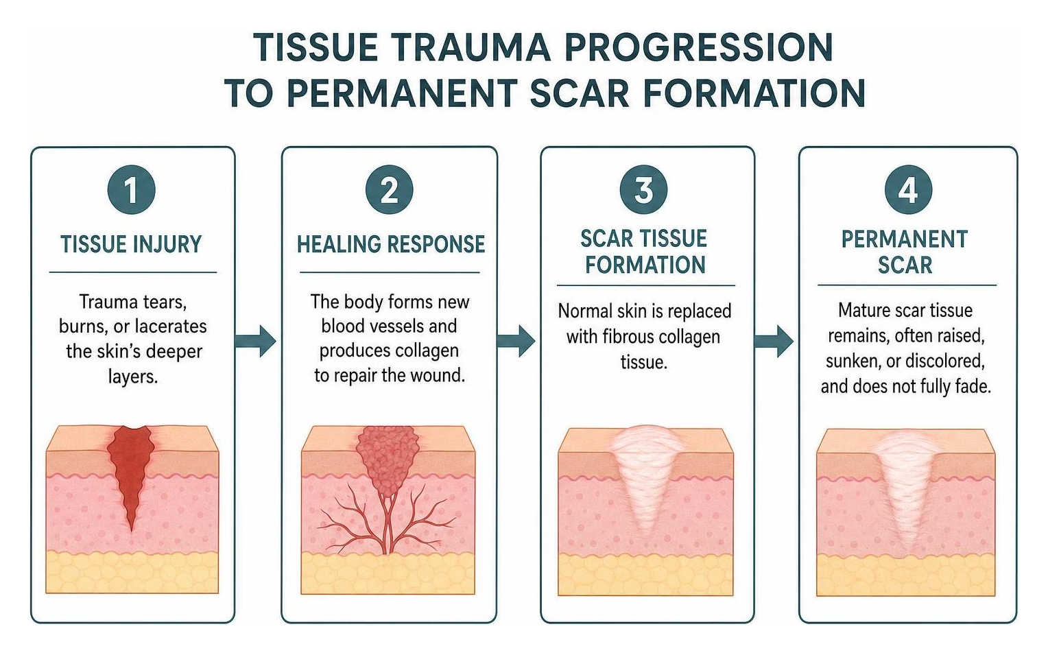 Tissue trauma progression to permanent scar formation