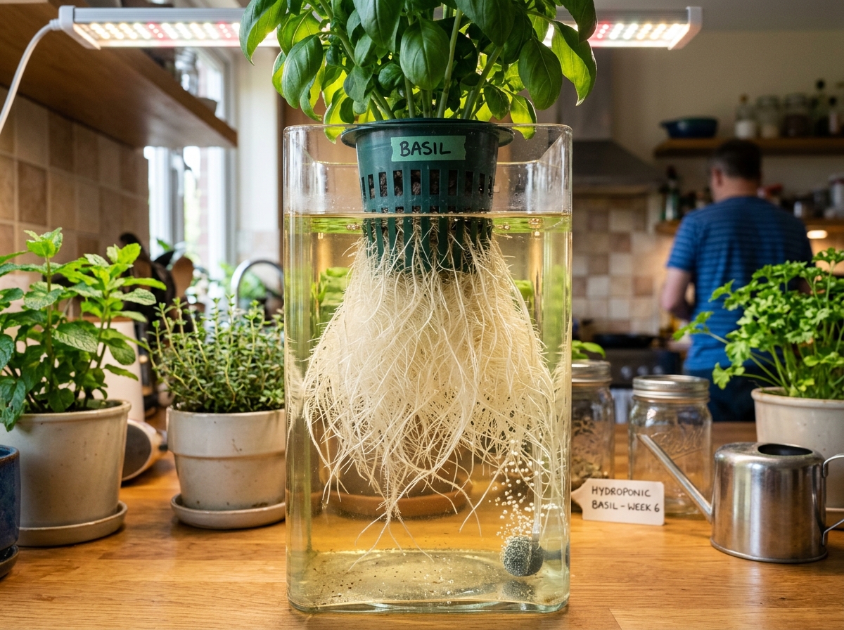 Close up of white bushy hydroponic roots in water reservoir - hydroponic kitchen herb garden Close up of white bushy hydroponic roots in water reservoir - hydroponic kitchen herb garden