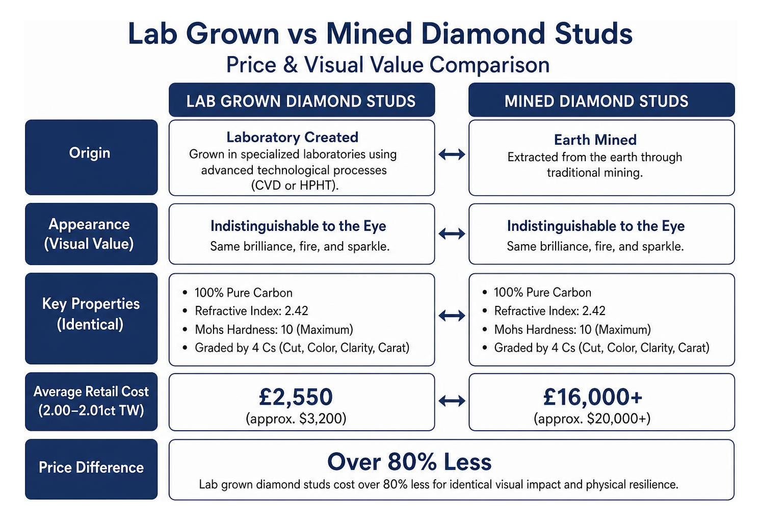 Price and visual value comparison between lab grown and mined diamond studs