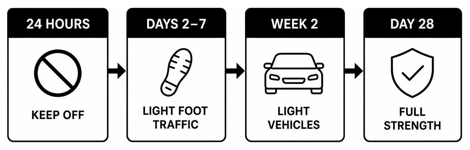 Diagram showing the concrete curing timeline: 24 hours keep off, days 2-7 light foot traffic, week 2 light vehicles, day 28