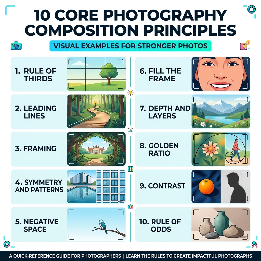 Infographic of 10 core photography composition principles with visual examples - photography composition rules pdf