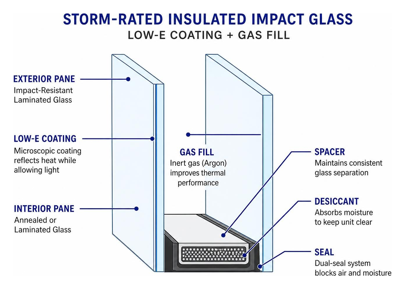 Diagram detailing the cross-section of storm-rated insulated impact glass with low-E coating and gas fill