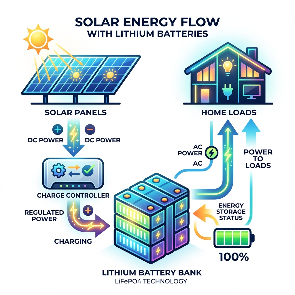 Infographic showing energy flow from solar panels through charge controller to lithium battery bank and home loads - lithium