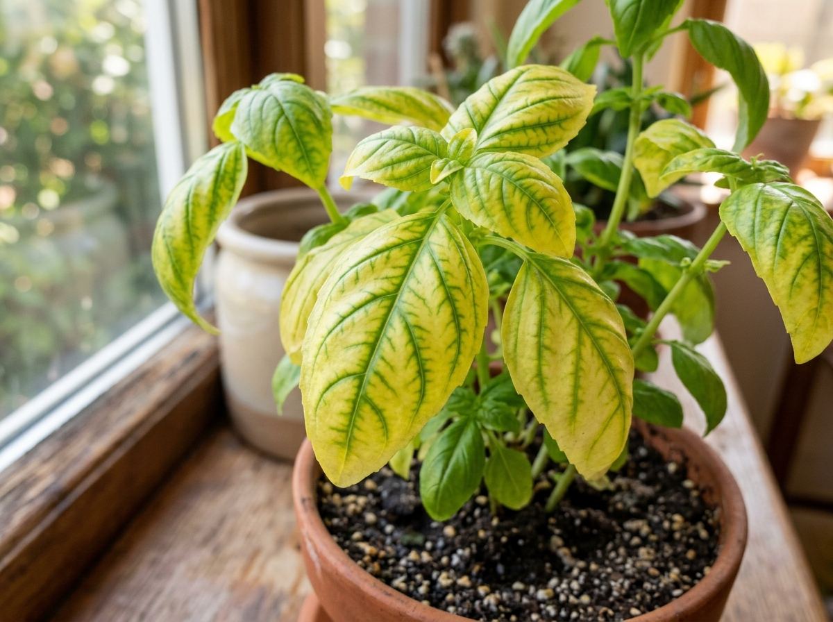 yellowing basil leaves showing signs of chlorosis - herb garden troubleshooting
