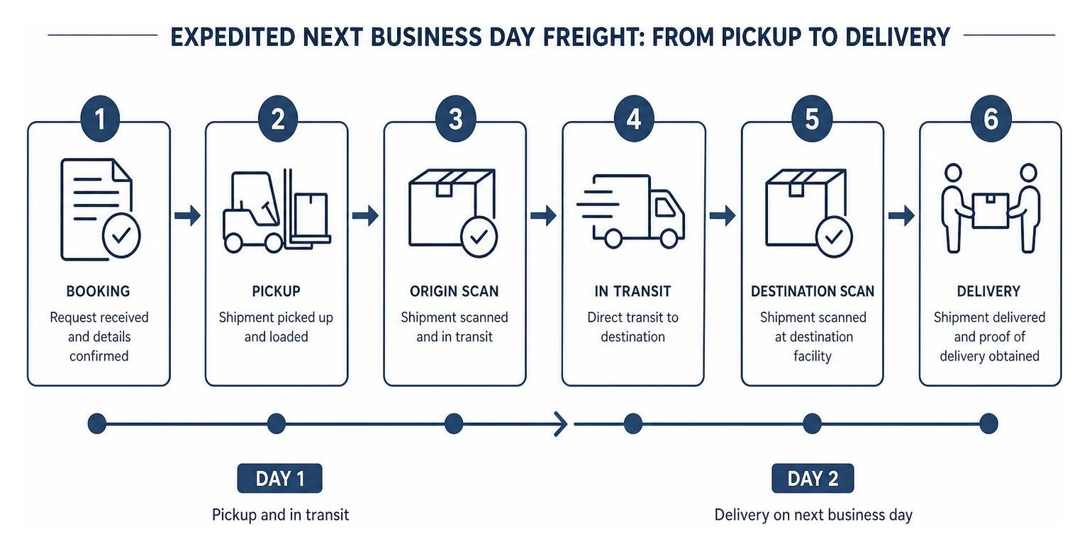 Diagram showing the sequence of an expedited next business day freight shipment from pickup to delivery