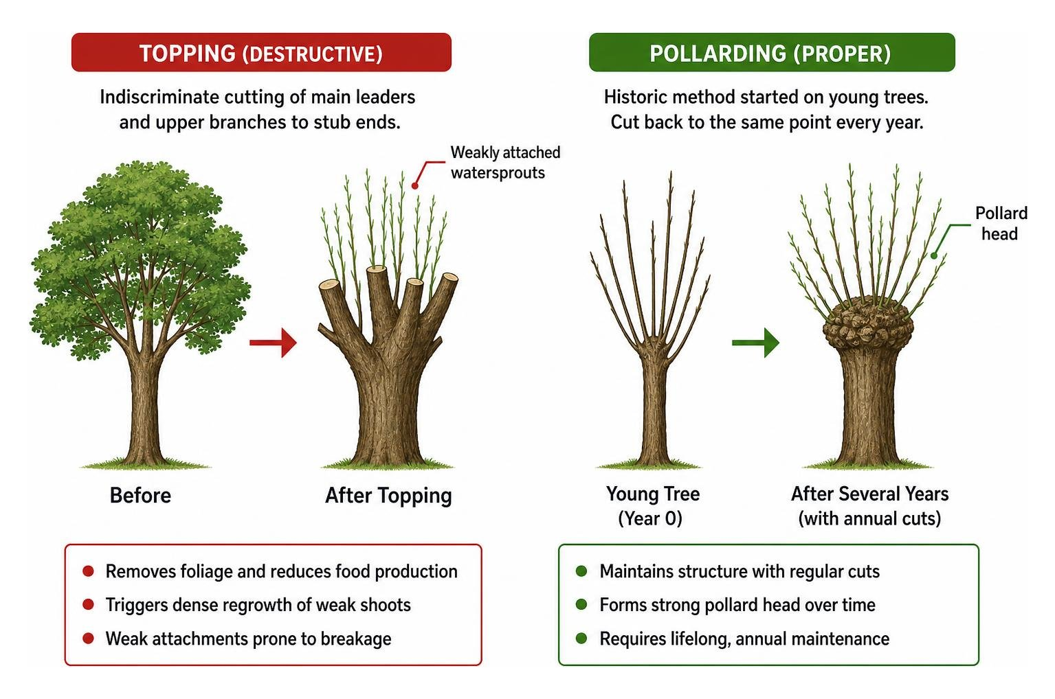 topping vs pollarding structural difference
