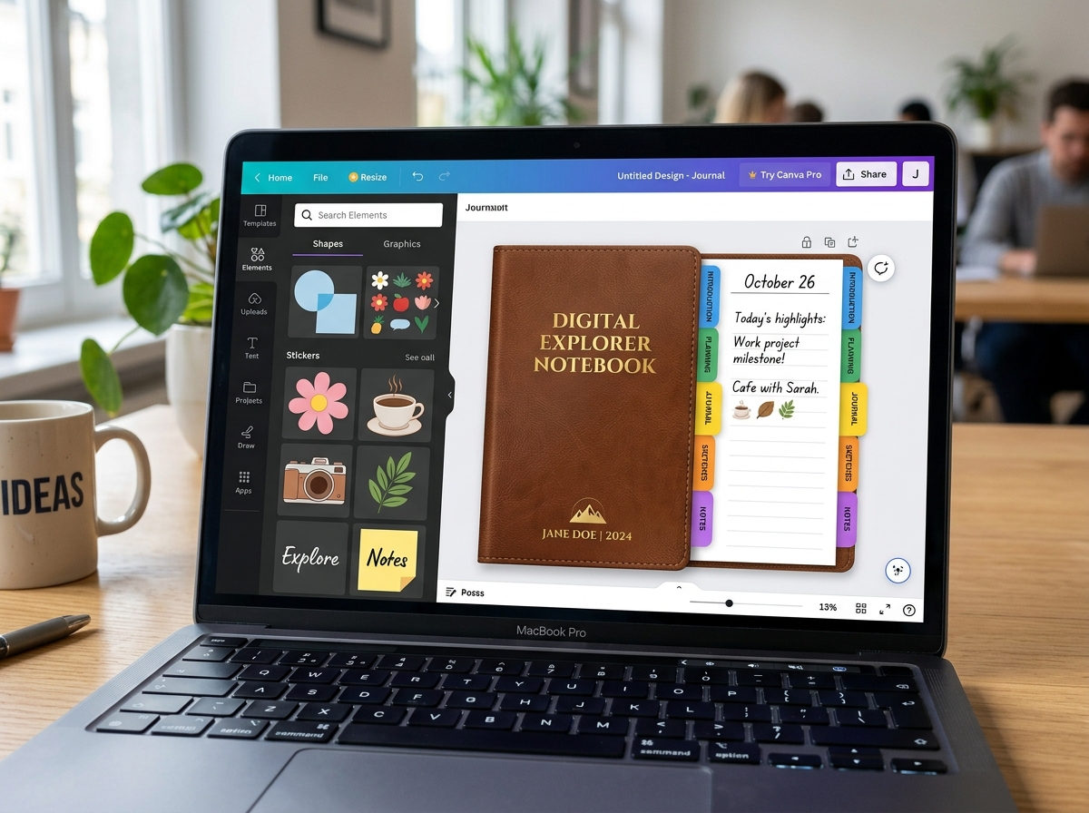 The Canva design interface showing a notebook cover and tab layout - how to make a digital notebook