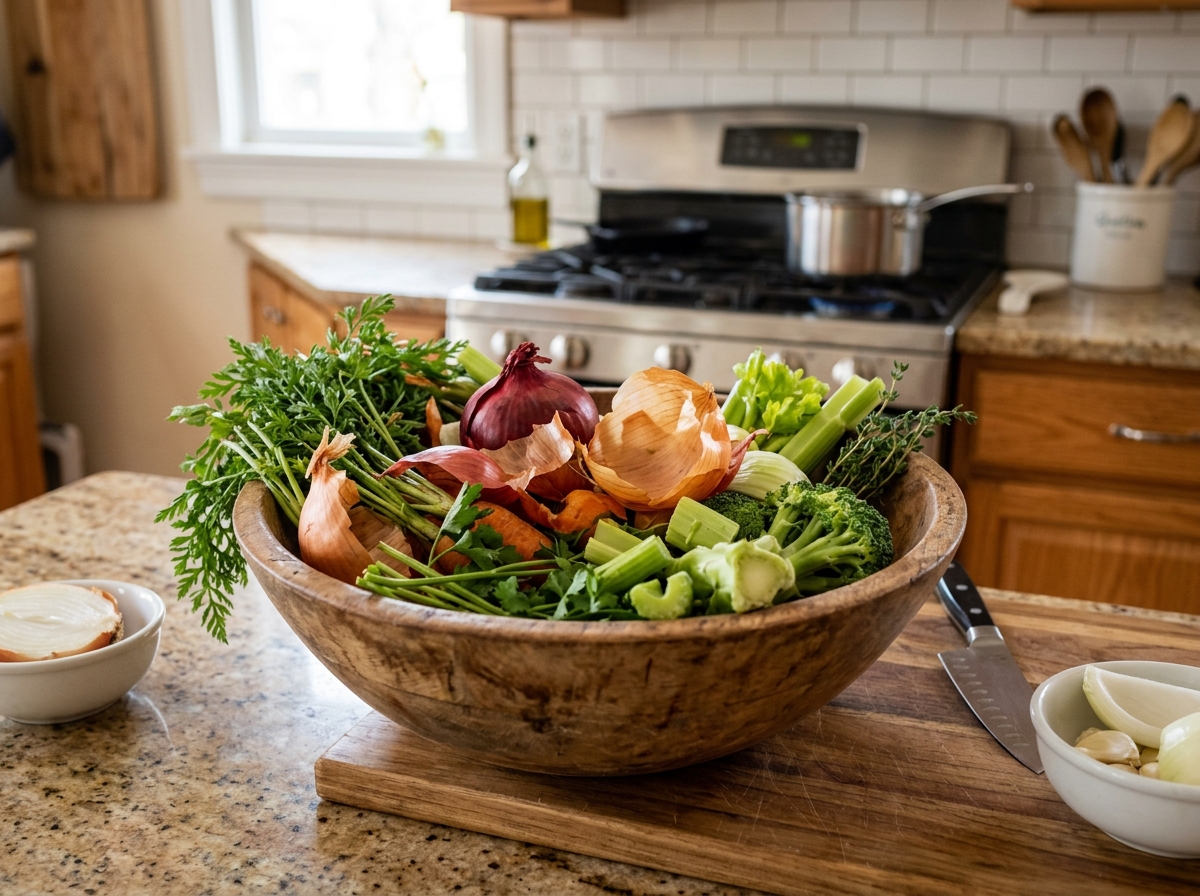 Vegetable scraps like onion skins and celery ends being gathered in a bowl for broth - zero waste cooking tips