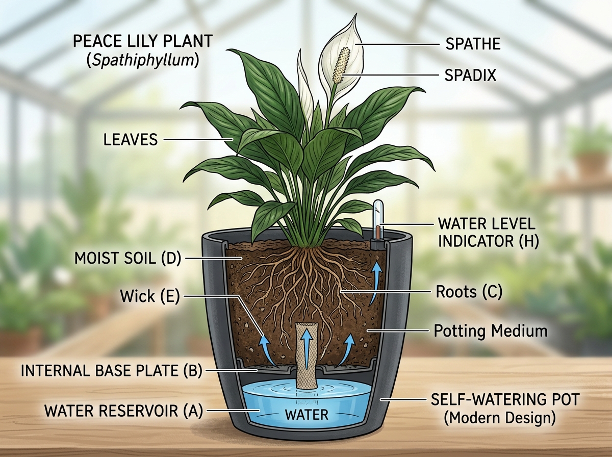 Peace Lily internal water reservoir and wick system diagram - self watering peace lily Peace Lily internal water reservoir and wick system diagram - self watering peace lily