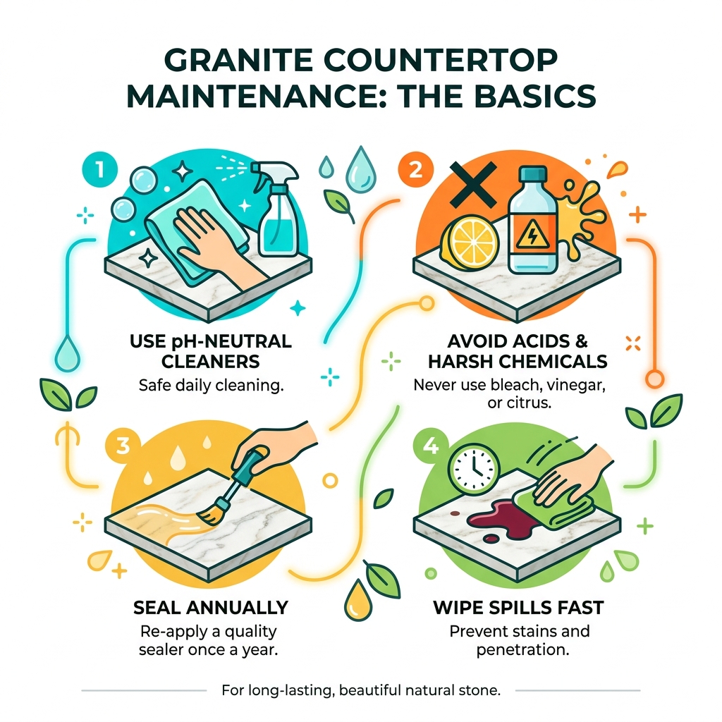 Infographic showing natural granite maintenance basics: use pH-neutral cleaners, avoid acids, seal annually, wipe spills Infographic showing natural granite maintenance basics: use pH-neutral cleaners, avoid acids, seal annually, wipe spills