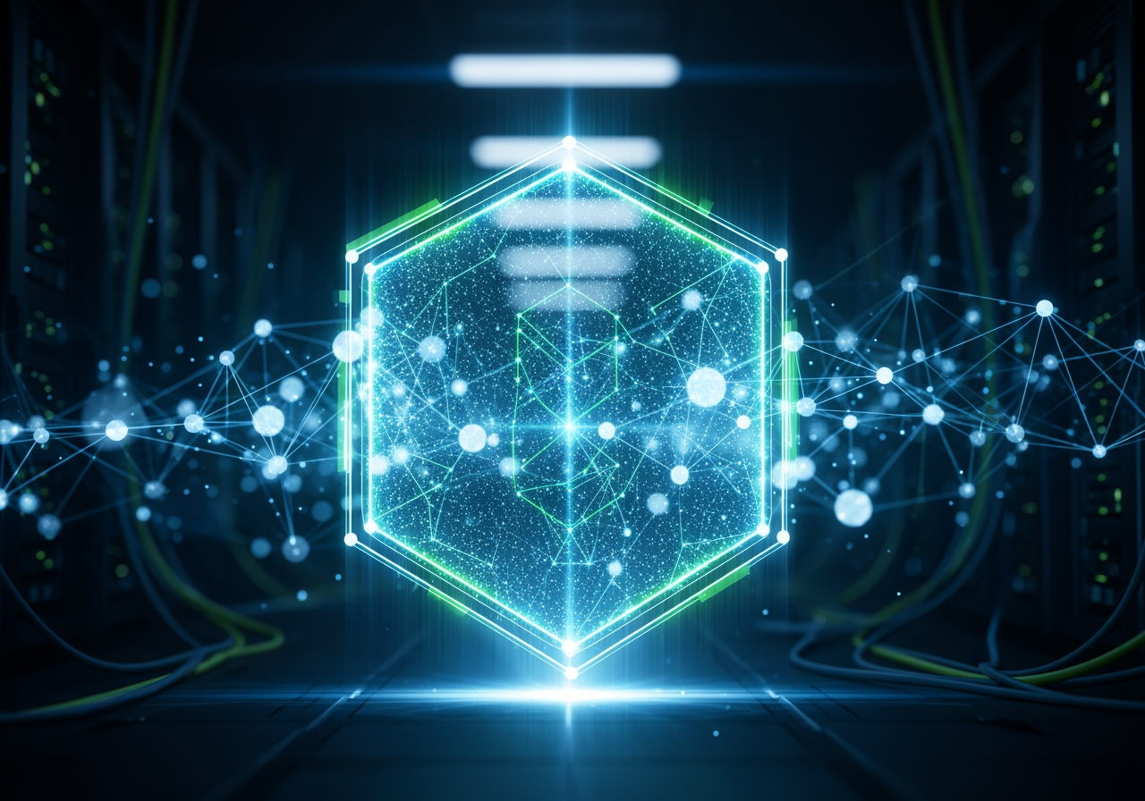 A digital shield protecting a network of interconnected data points, symbolizing advanced cybersecurity measures - emerging technology trends