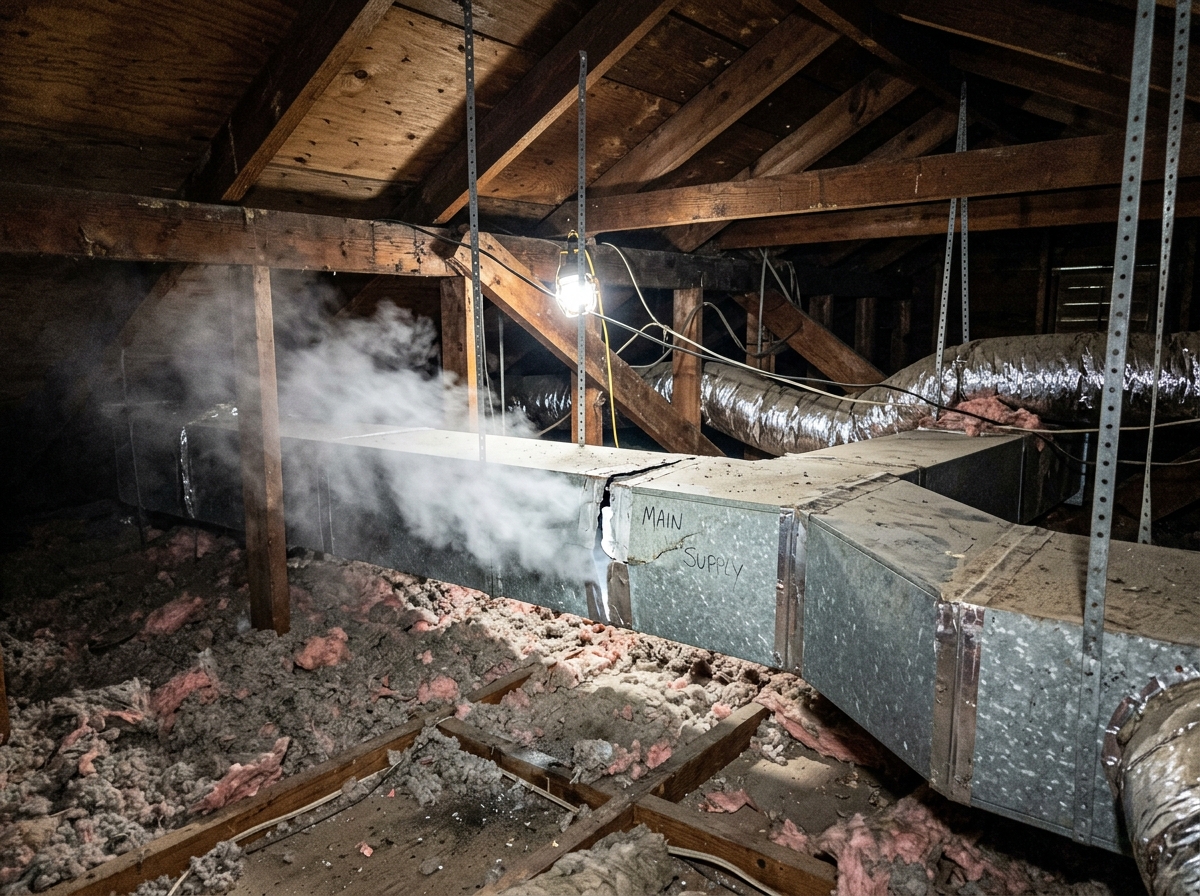 Conditioned air escaping through duct gaps in an attic - hvac air duct sealing
