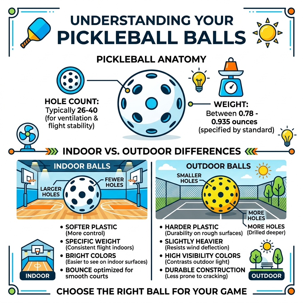 Pickleball ball anatomy infographic showing hole count, weight, and indoor vs outdoor differences - best balls pickleball