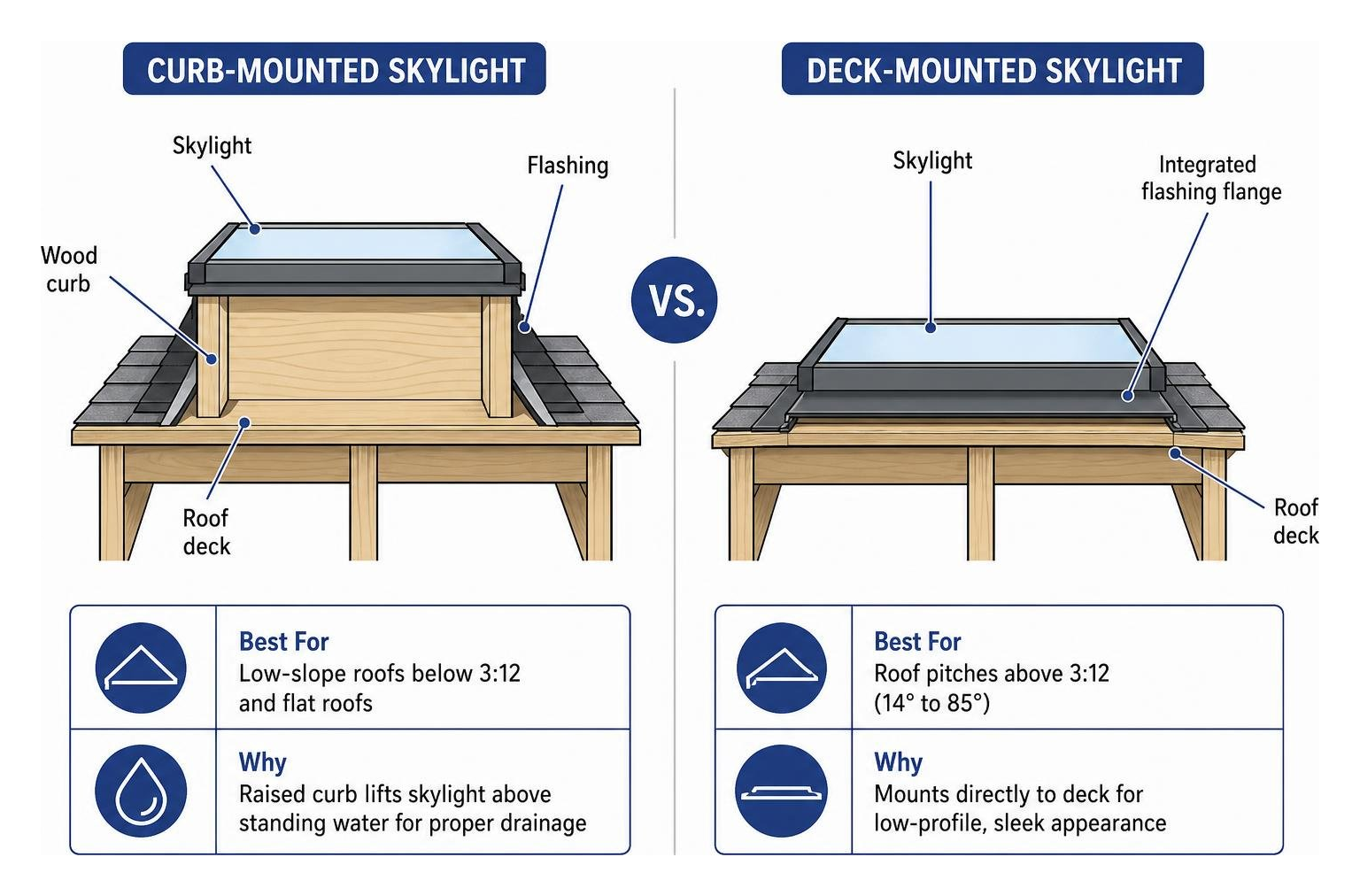 Comparison of curb-mounted vs deck-mounted skylight structural attachment Comparison of curb-mounted vs deck-mounted skylight structural attachment