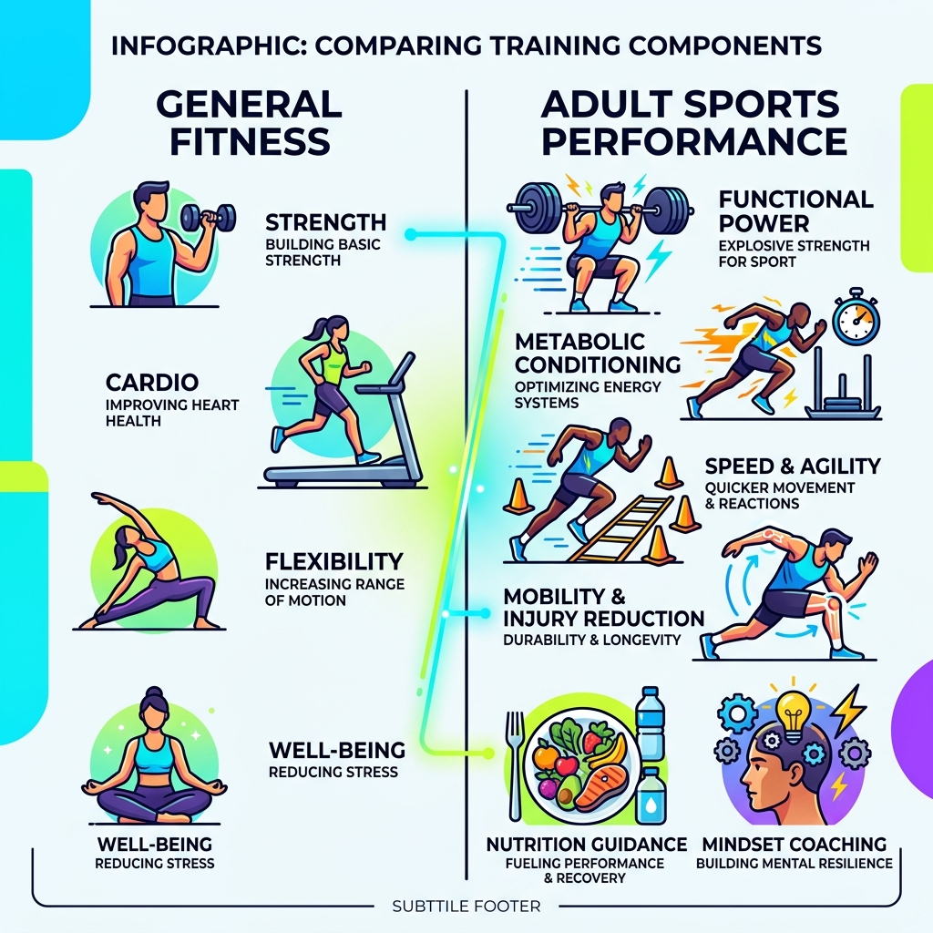 Infographic comparing general fitness vs adult sports performance training components - Adult sports performance infographic Infographic comparing general fitness vs adult sports performance training components - Adult sports performance infographic