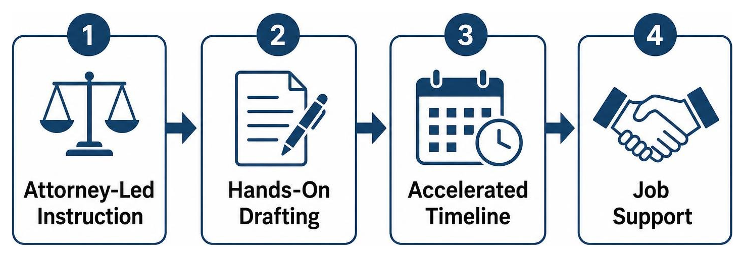 Evaluation criteria: attorney-led instruction, hands-on drafting, accelerated timeline, job support Evaluation criteria: attorney-led instruction, hands-on drafting, accelerated timeline, job support