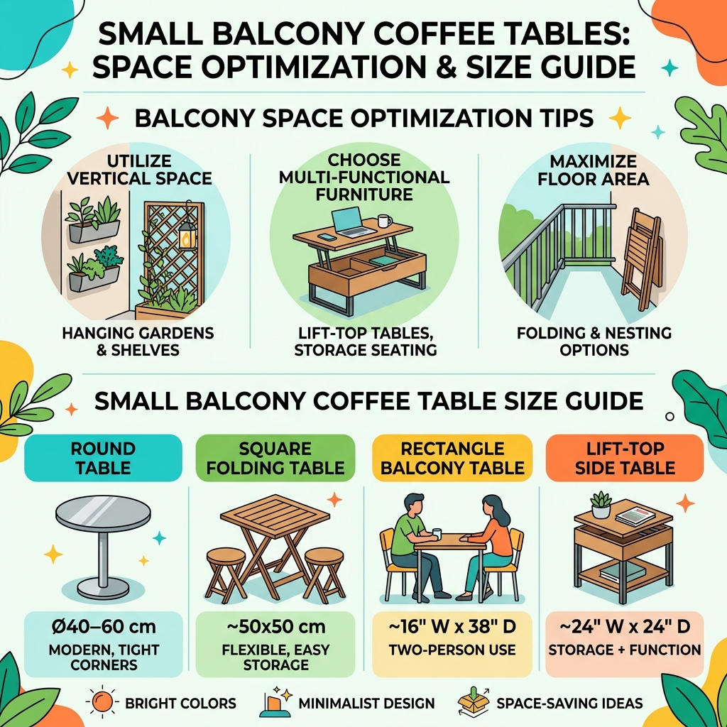 Infographic showing balcony space optimization tips and small coffee table size guide - small balcony coffee table