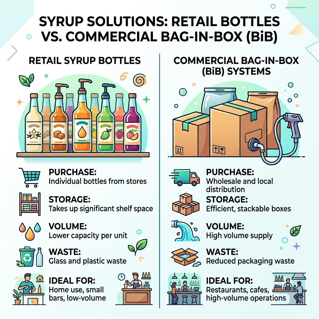 comparison of retail syrup bottles vs commercial bag-in-box systems for beverage operations - flavored syrups near me