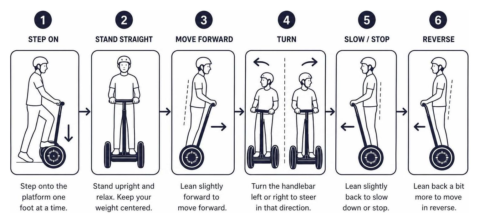 Diagram showing the step-by-step Segway training sequence from stepping on to turning and stopping