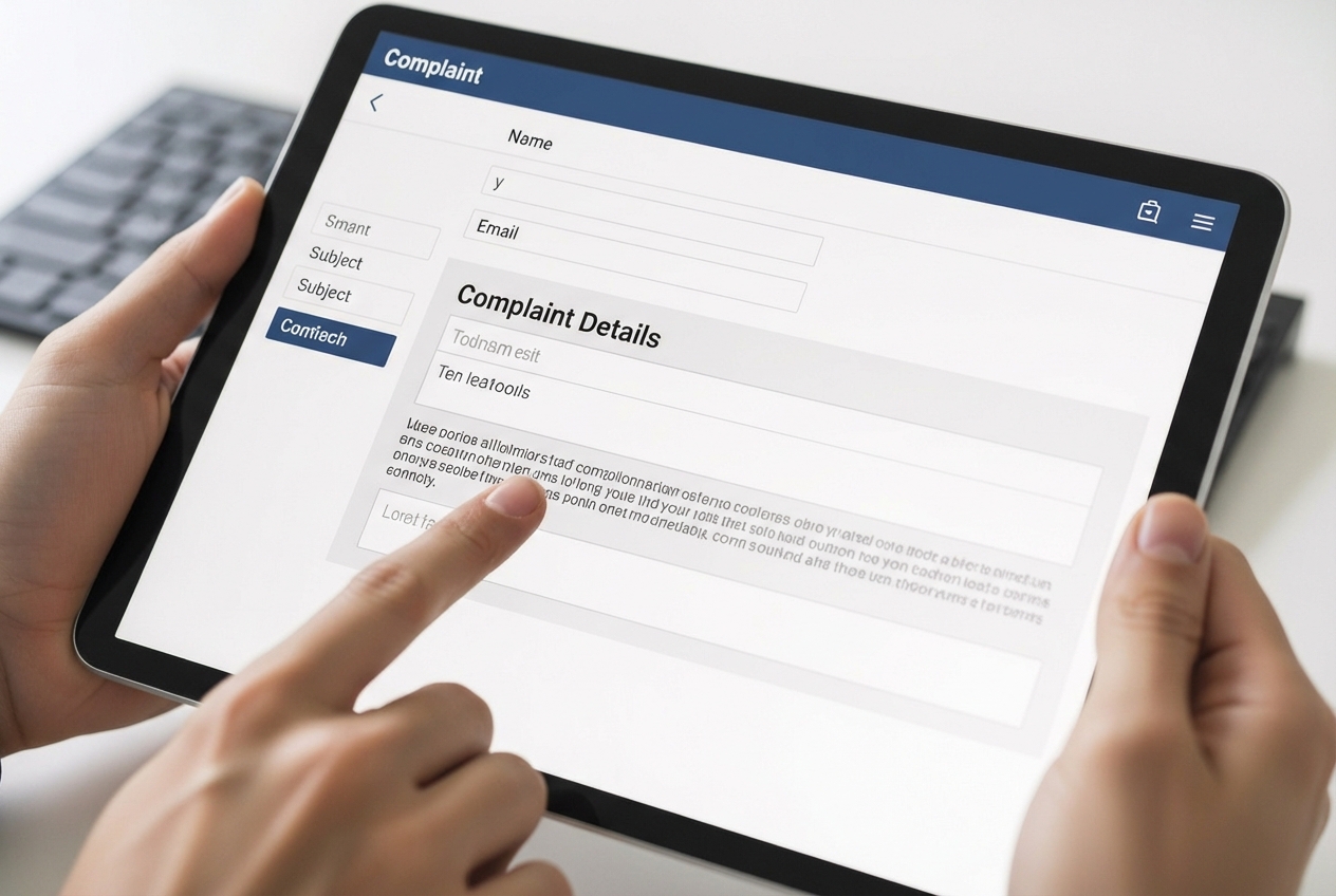 Image of a person filling out a digital complaint form - anti discrimination and harassment Image of a person filling out a digital complaint form - anti discrimination and harassment