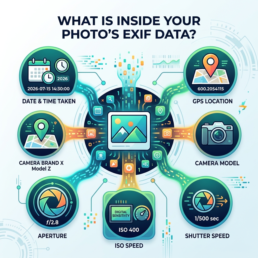 Infographic showing what EXIF data contains: date taken, GPS location, camera model, aperture, ISO, and shutter speed - edit
