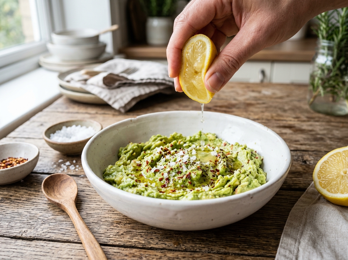 Smashed avocado being seasoned with lemon, salt, and red pepper flakes - basil avocado toast topping