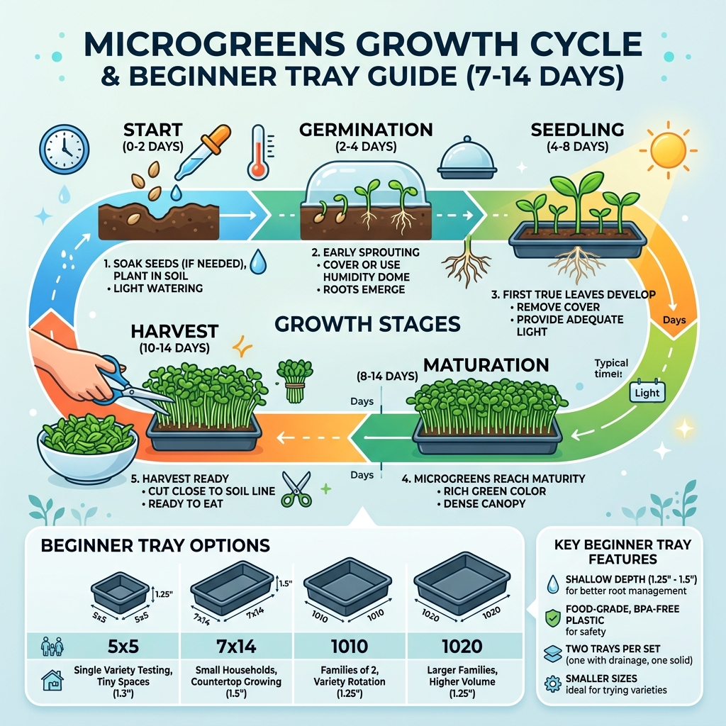 7-14 day microgreens growth cycle infographic from seed to harvest with tray types - beginner microgreens growing tray 7-14 day microgreens growth cycle infographic from seed to harvest with tray types - beginner microgreens growing tray