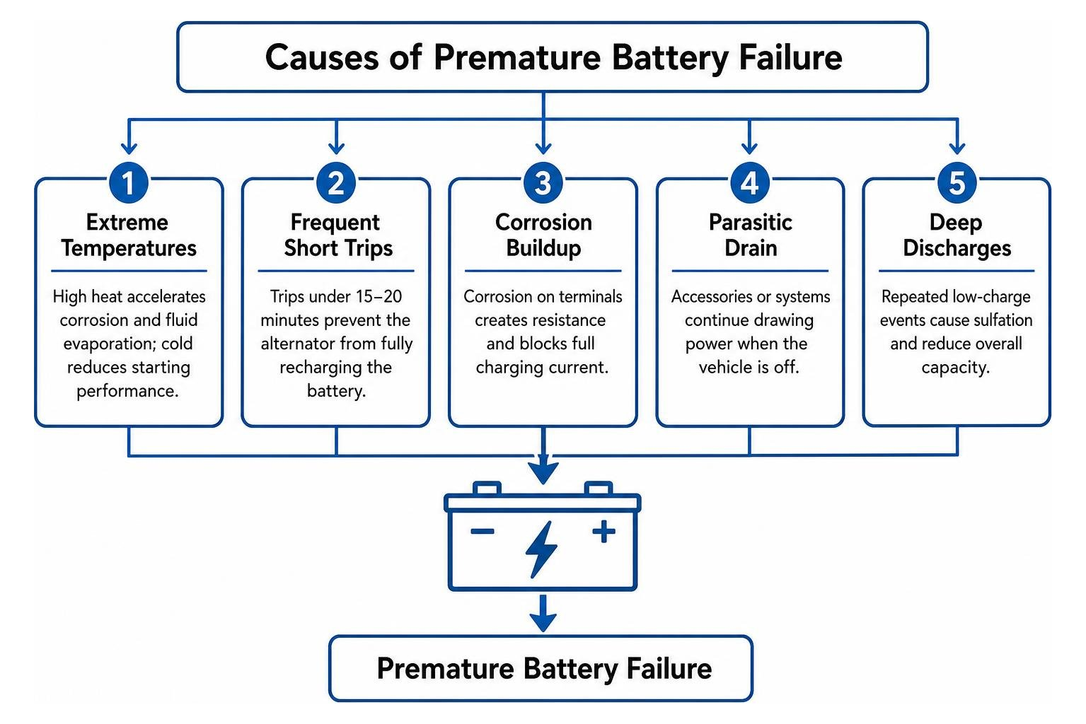 Causes of premature battery failure diagram Causes of premature battery failure diagram