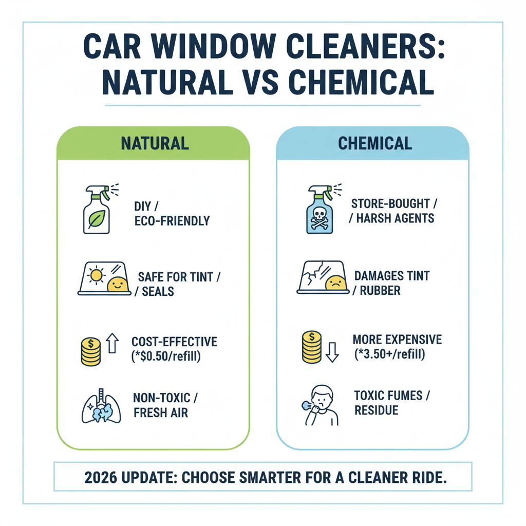 Benefits of natural vs chemical car window cleaners comparison infographic - natural glass cleaner for car windows