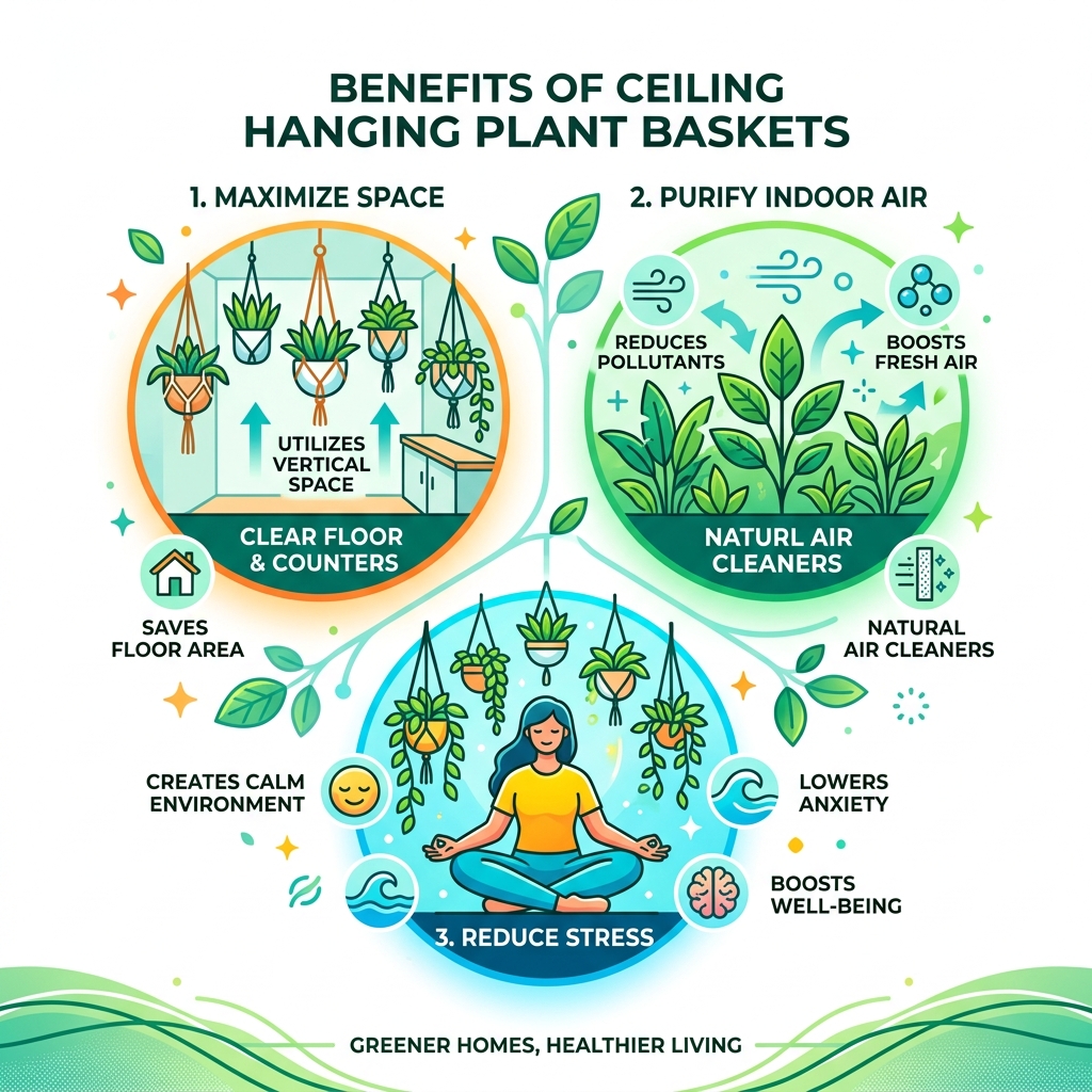 infographic showing benefits of ceiling hanging plant baskets including space-saving, air purification, and stress reduction
