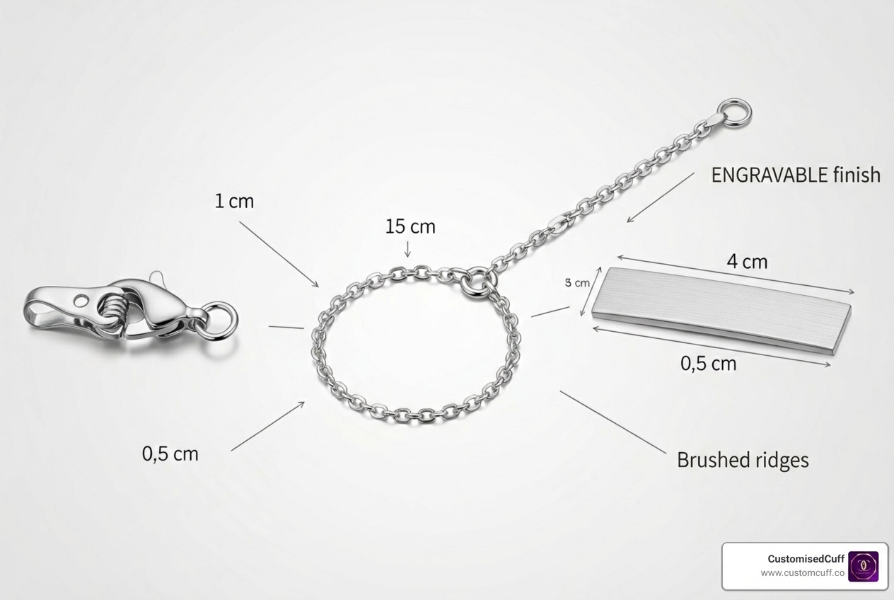 diagram of bracelet clasp, chain, and engravable bar - engravable silver bracelet
