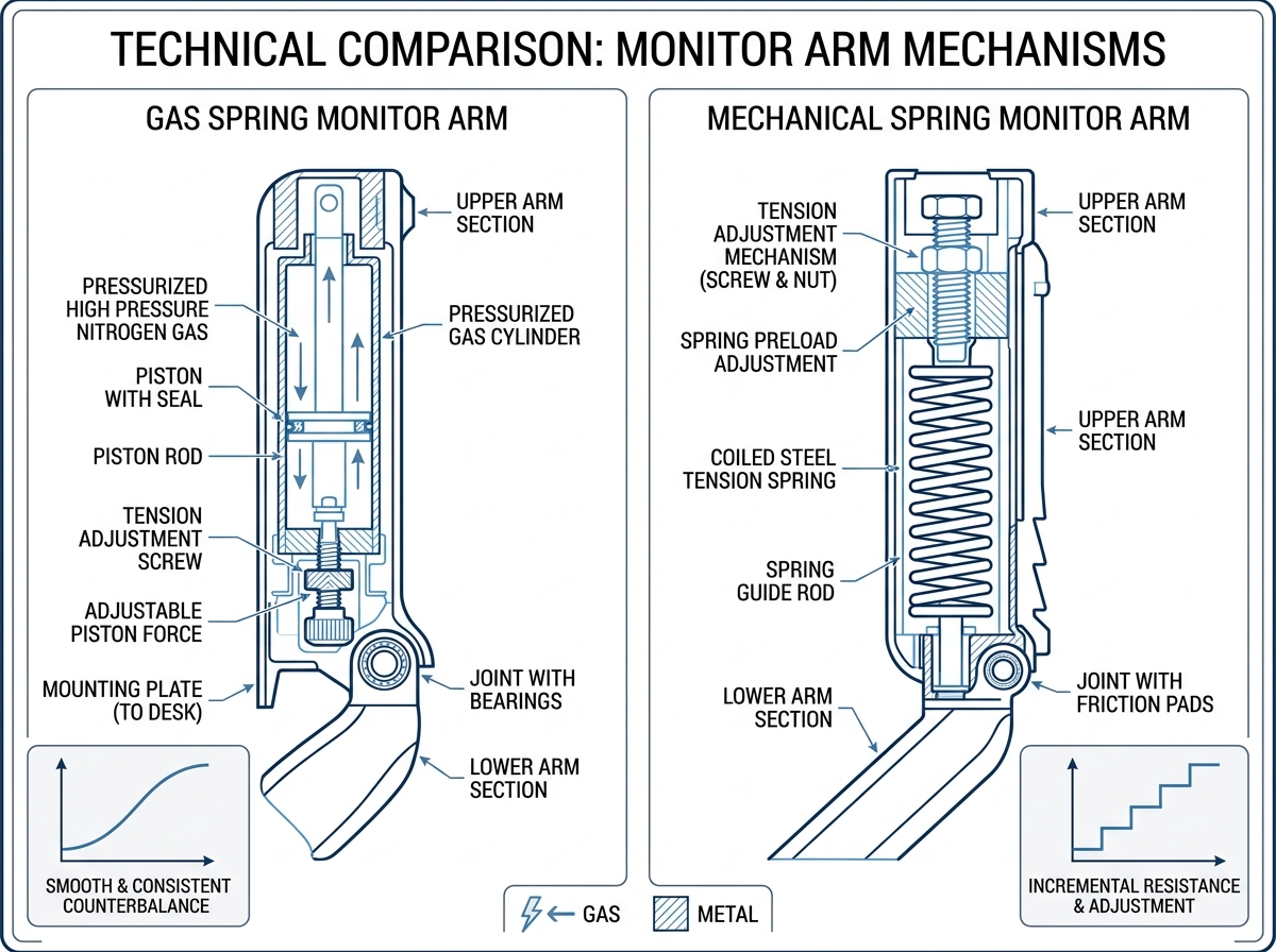 Diagram showing the internal components of a gas spring vs mechanical spring monitor arm - 27 inch dual monitor arm Diagram showing the internal components of a gas spring vs mechanical spring monitor arm - 27 inch dual monitor arm