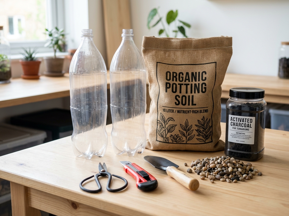 Essential materials for building a recycled bottle terrarium including bottles, soil, and pebbles - recycled bottle Essential materials for building a recycled bottle terrarium including bottles, soil, and pebbles - recycled bottle