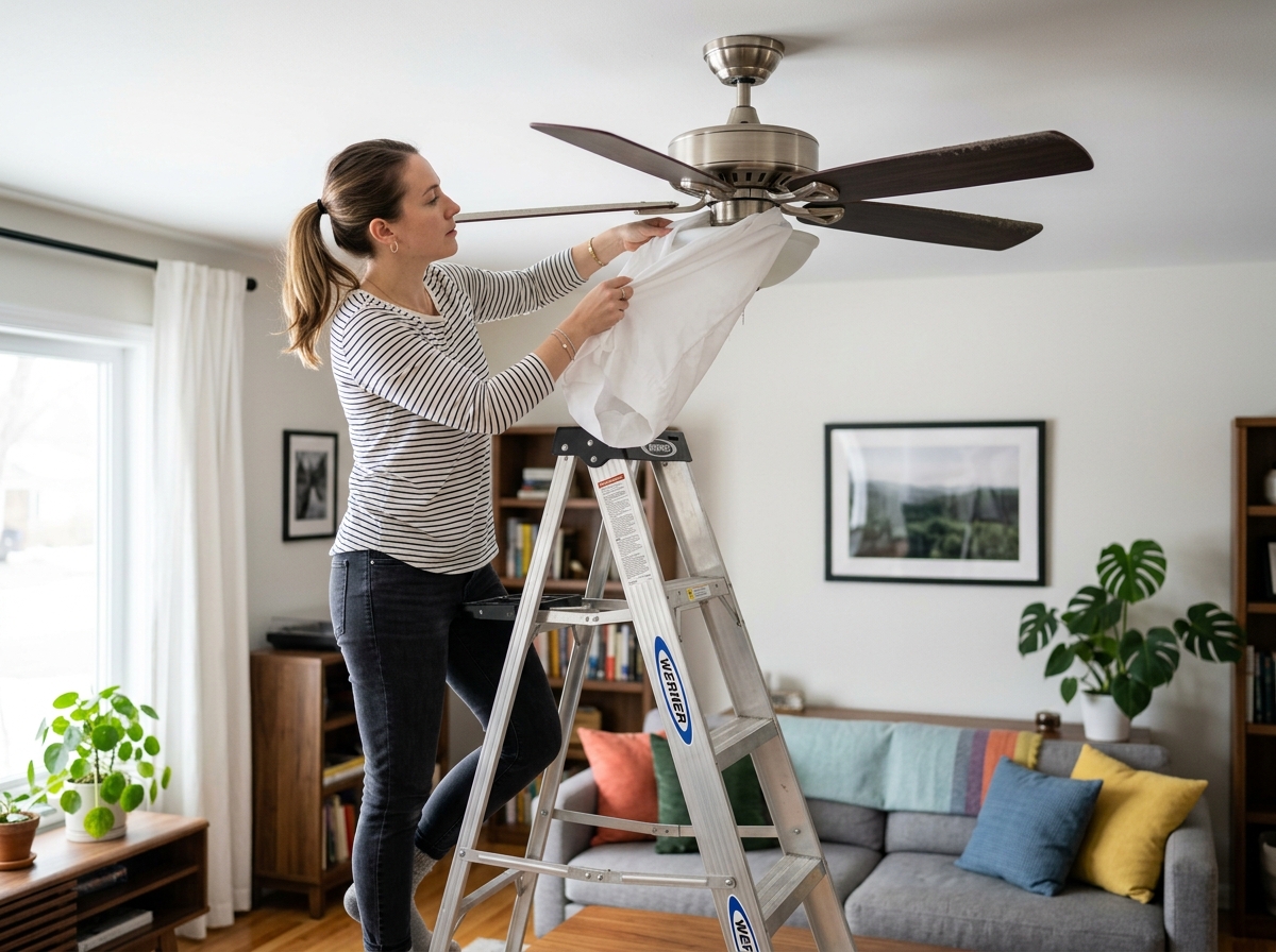 A person sliding a pillowcase over a ceiling fan blade to trap dust - ceiling fan cleaning hack tiktok A person sliding a pillowcase over a ceiling fan blade to trap dust - ceiling fan cleaning hack tiktok