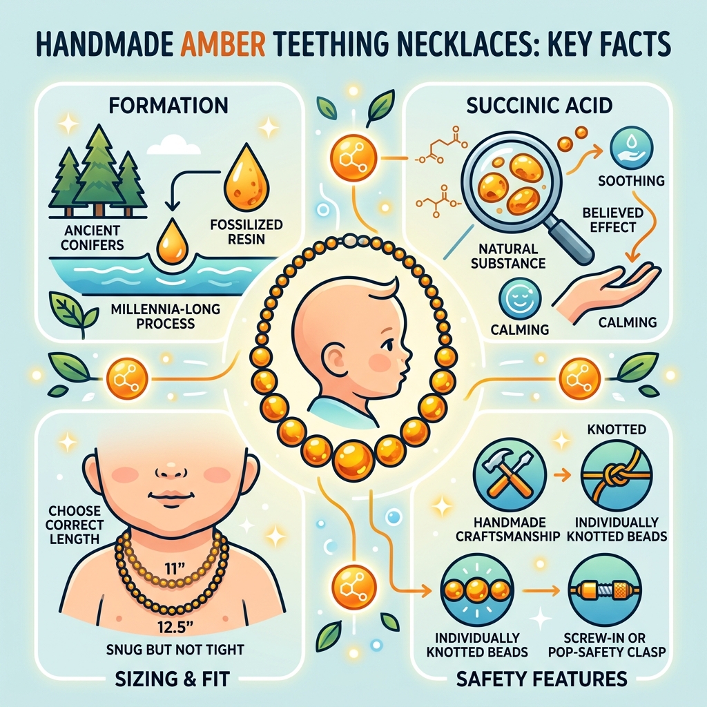 Infographic showing key facts about handmade amber teething necklaces: formation, succinic acid, sizing, and safety features