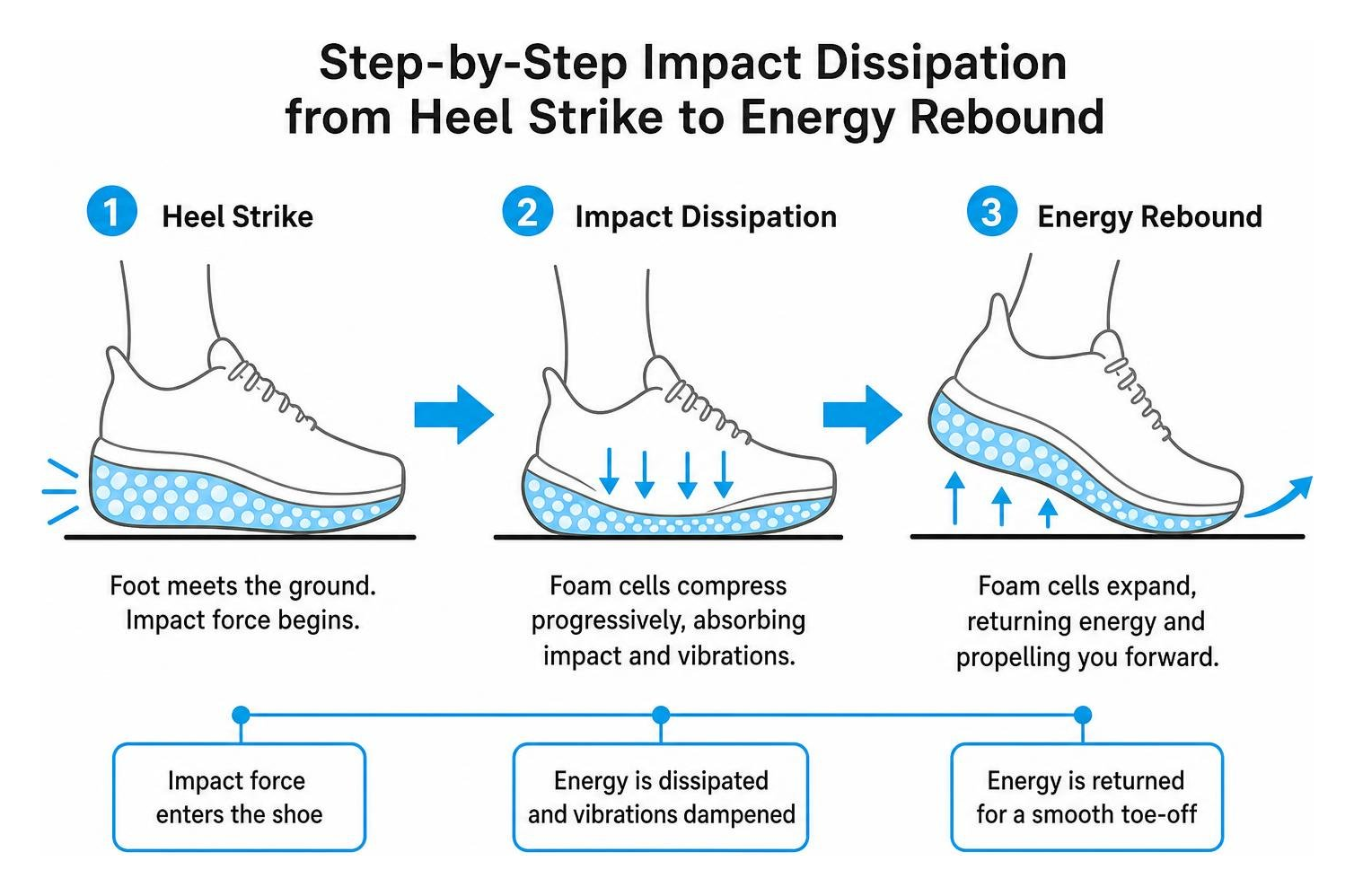 Step-by-step impact dissipation from heel strike to energy rebound Step-by-step impact dissipation from heel strike to energy rebound