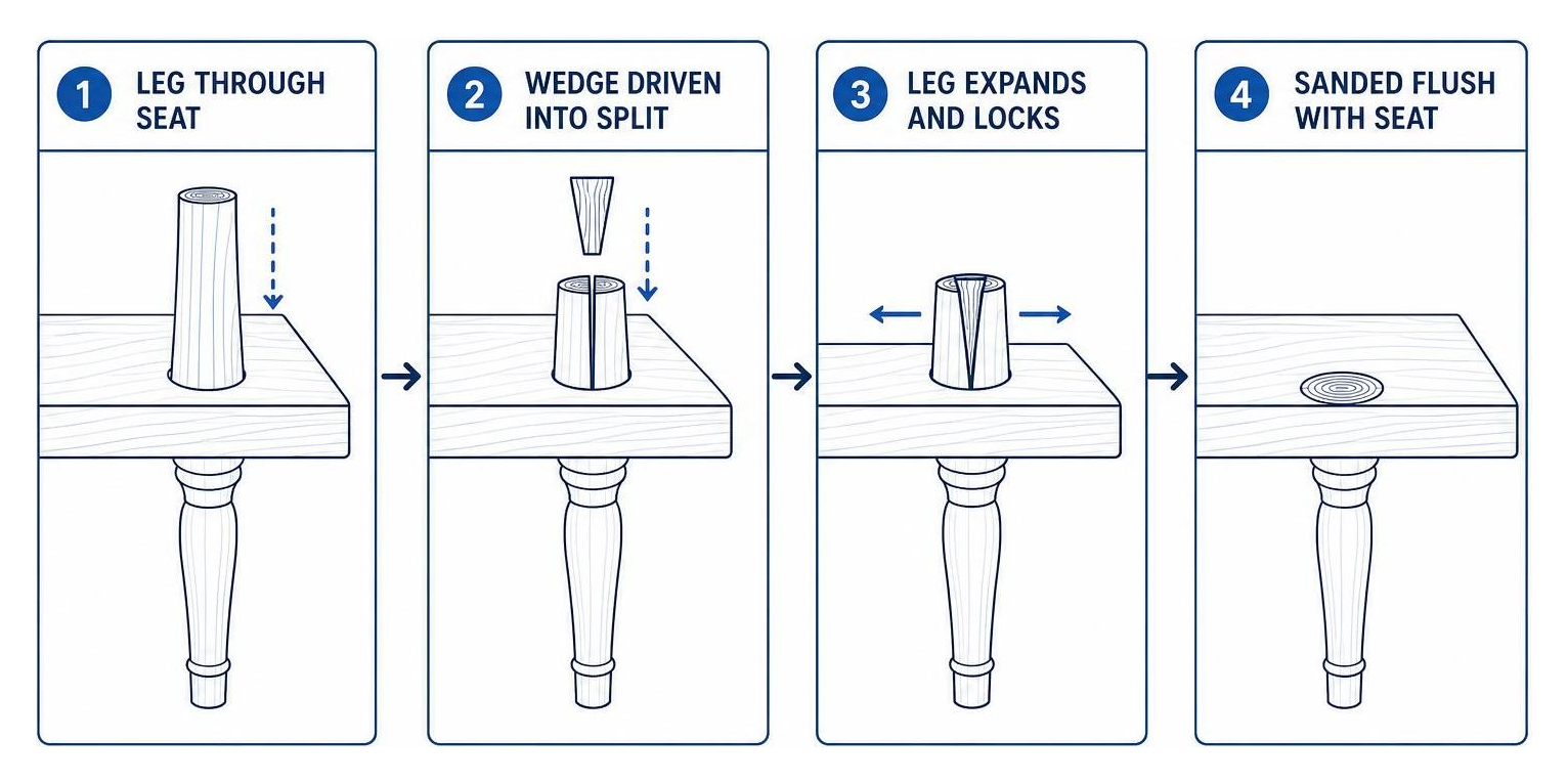 Traditional wedge and tenon joinery process showing how the leg extends through the seat, is wedged, and sanded flush Traditional wedge and tenon joinery process showing how the leg extends through the seat, is wedged, and sanded flush