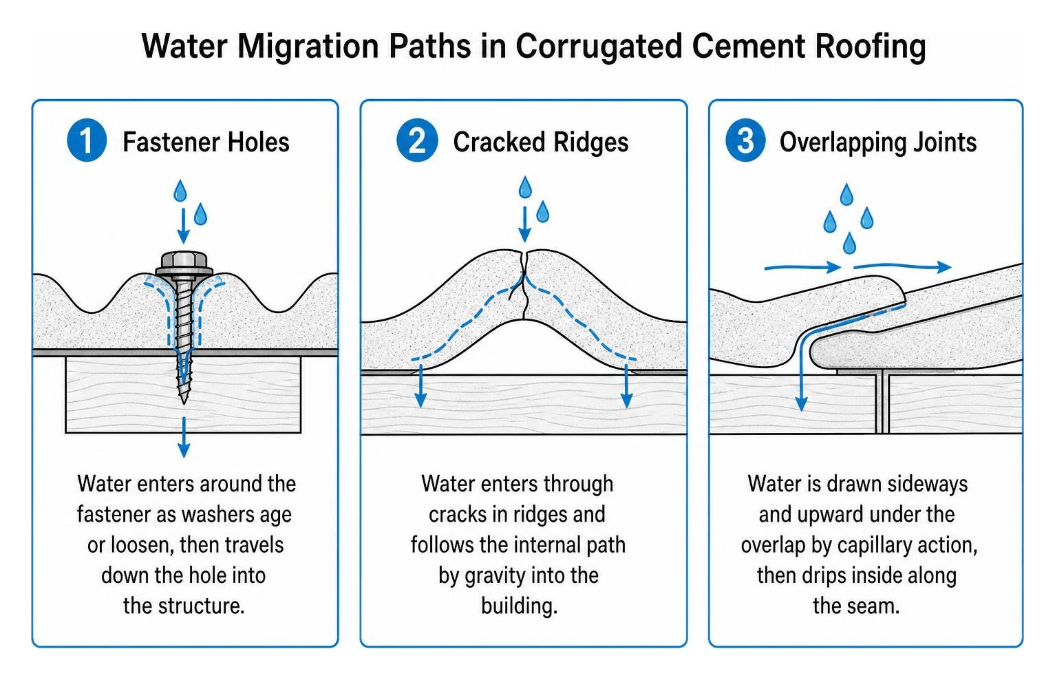diagram showing the water migration path through fastener holes, cracked ridges, and overlapping cement joints diagram showing the water migration path through fastener holes, cracked ridges, and overlapping cement joints