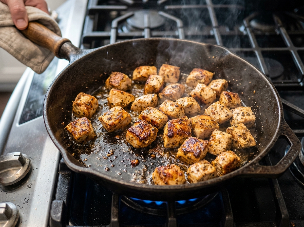 cubed seasoned chicken searing in a cast iron skillet - quick chicken tacos recipe cubed seasoned chicken searing in a cast iron skillet - quick chicken tacos recipe