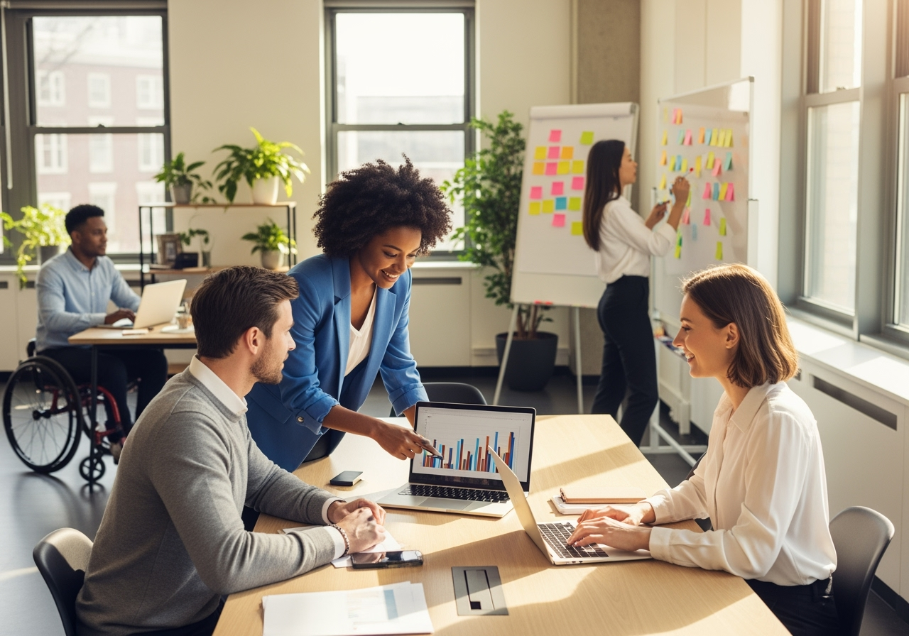 diverse group of colleagues working together in a bright office - mindfulness for work stress diverse group of colleagues working together in a bright office - mindfulness for work stress
