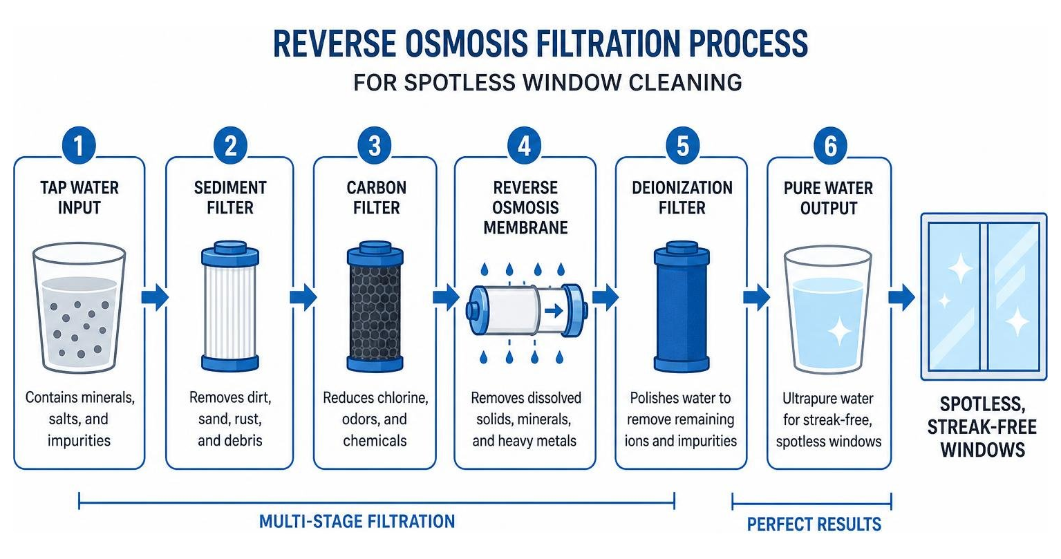 Diagram showing the reverse osmosis filtration process for spotless window cleaning