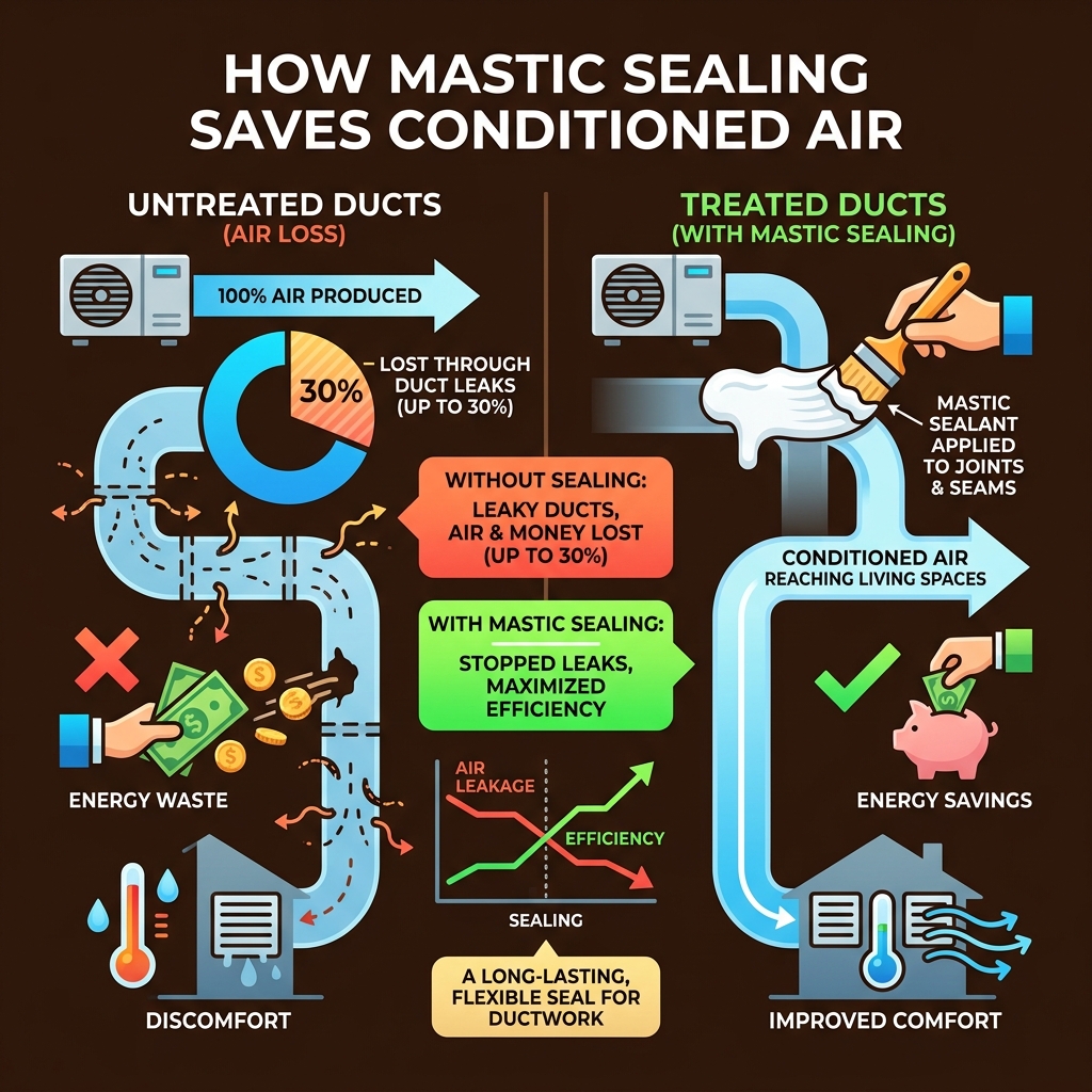 Infographic showing how 30% of conditioned air is lost through duct leaks and how mastic sealing stops it - mastic air duct