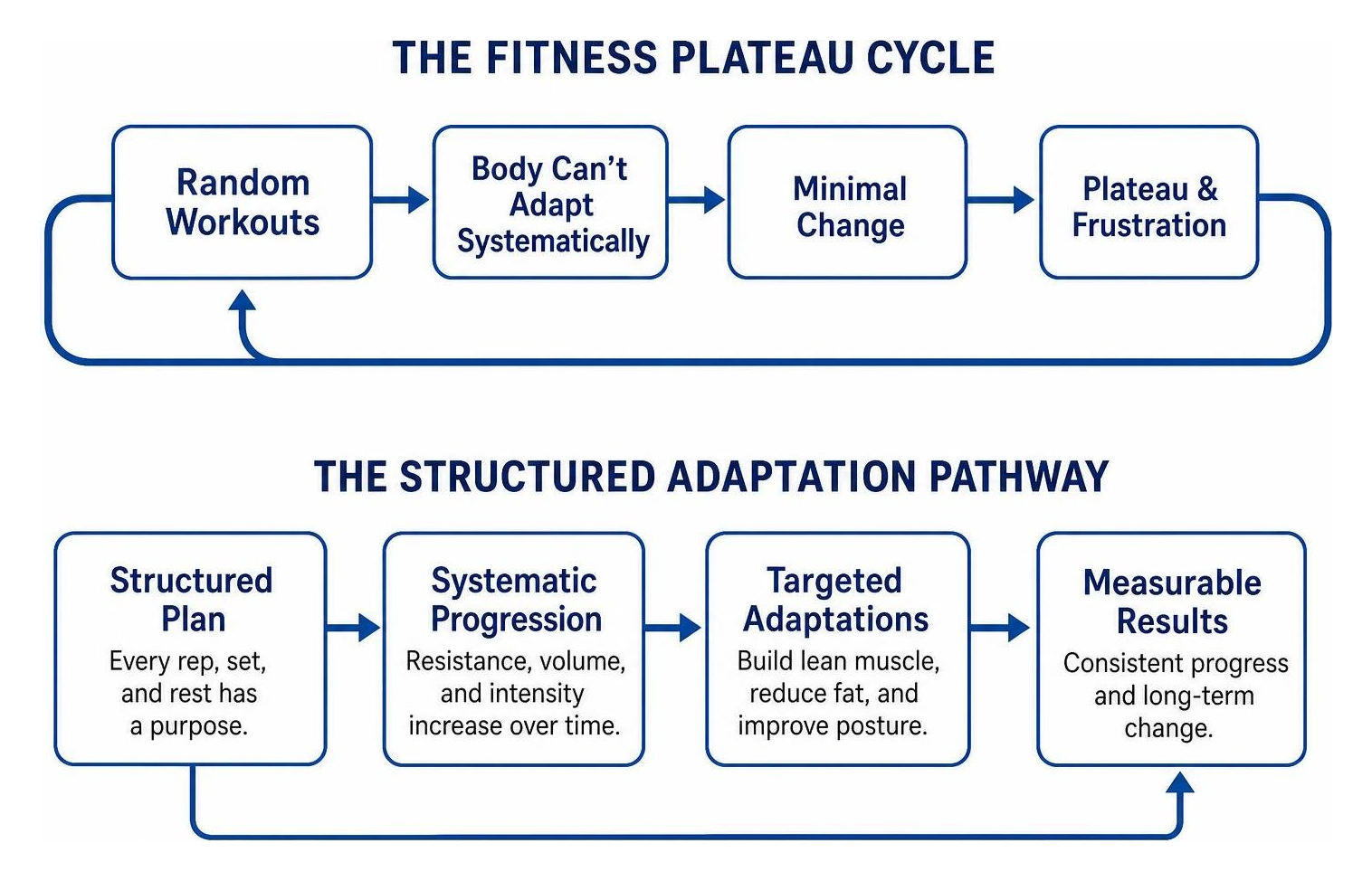 Diagram showing the fitness plateau cycle versus a structured adaptation pathway