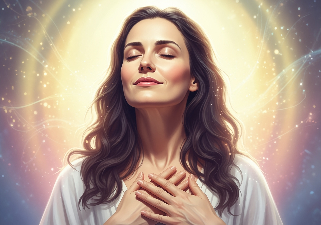 A woman with closed eyes, hands over her heart, surrounded by soft, ethereal light, symbolizing inner peace and deep processing. - brainspotting therapy