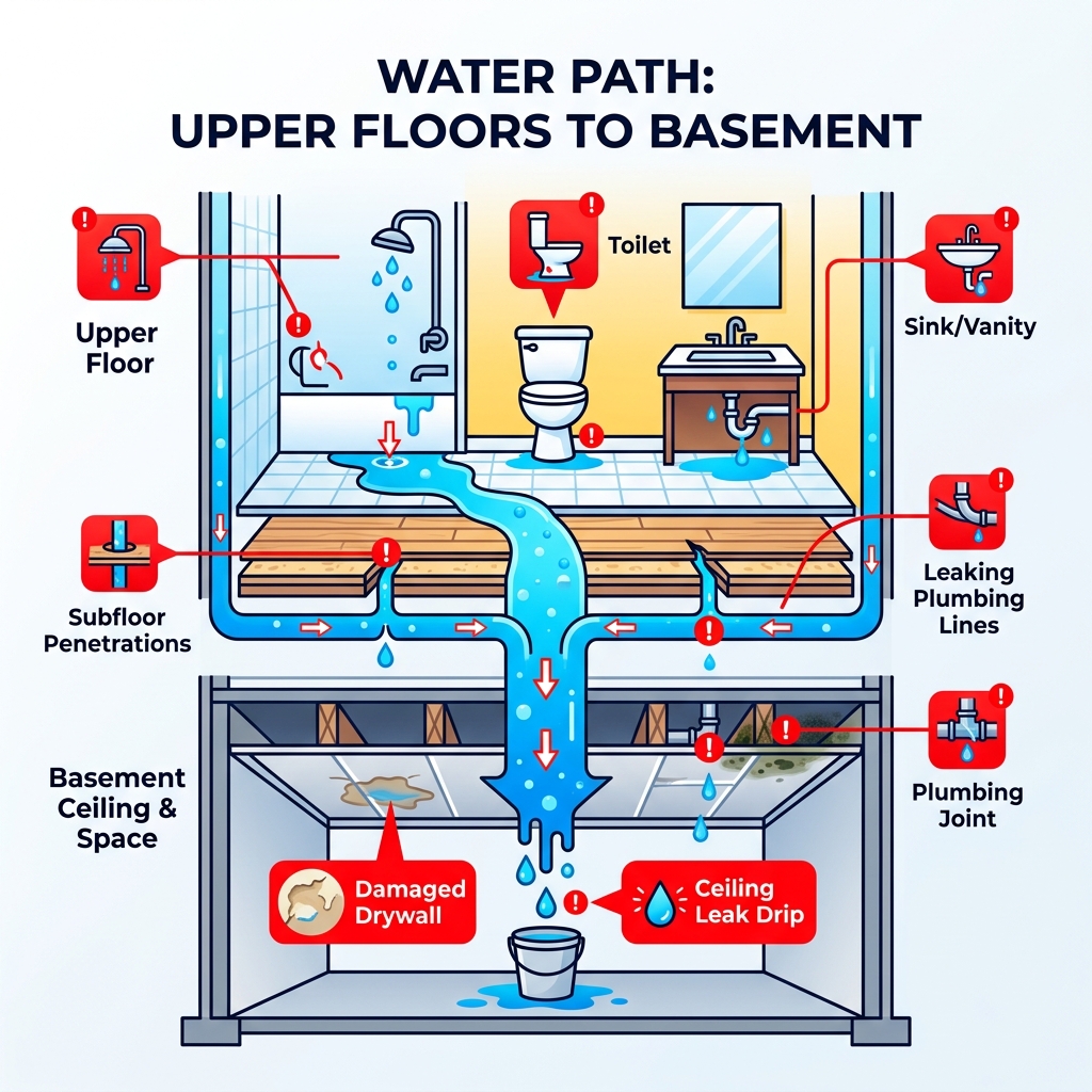 water path from upper floors through subfloor to basement ceiling with labeled stages and leak sources - basement ceiling water path from upper floors through subfloor to basement ceiling with labeled stages and leak sources - basement ceiling