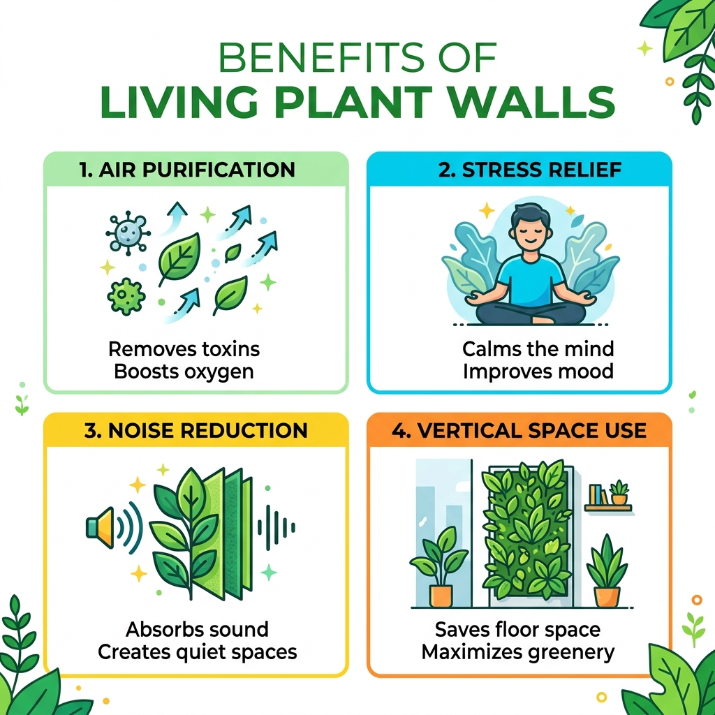 Benefits of living plant walls - air purification, stress relief, noise reduction, and vertical space use - creating a plant Benefits of living plant walls - air purification, stress relief, noise reduction, and vertical space use - creating a plant