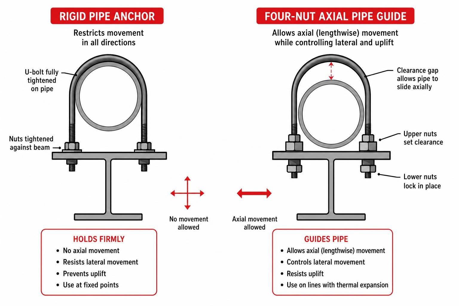 Diagram showing contrast between rigid pipe anchor installation and four-nut axial pipe guide Diagram showing contrast between rigid pipe anchor installation and four-nut axial pipe guide