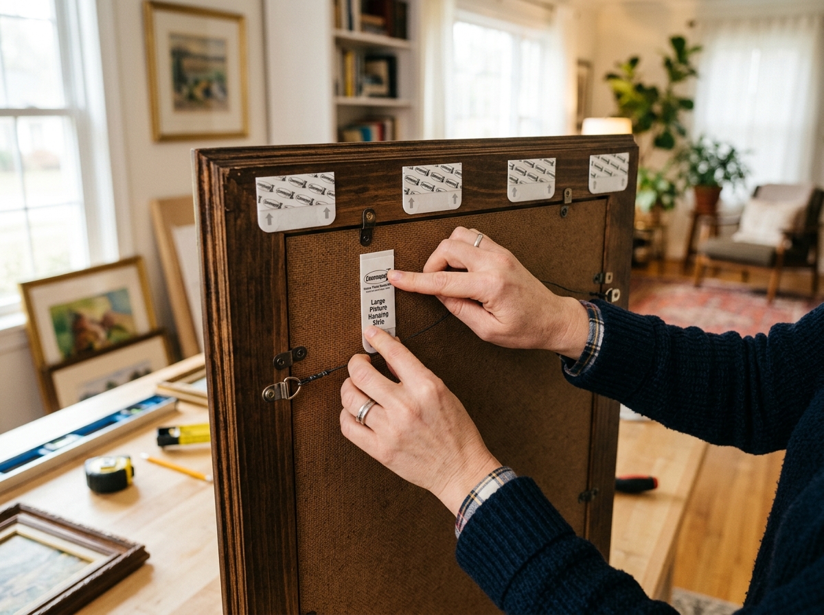 Applying heavy-duty adhesive strips to the back of a large picture frame - adhesive picture hangers heavy duty